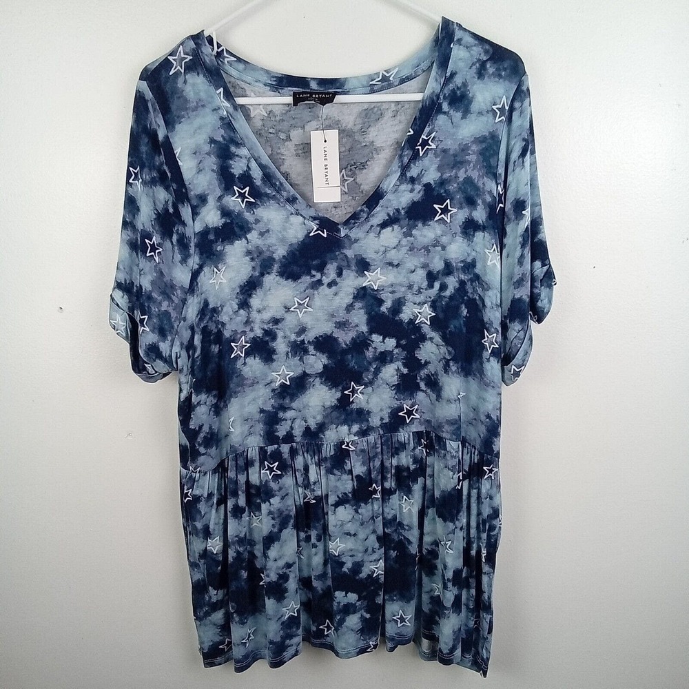 Lane Bryant Peplum Top Women's Size 14/16 Blue Tie Dye Stars Babydoll Stretchy
